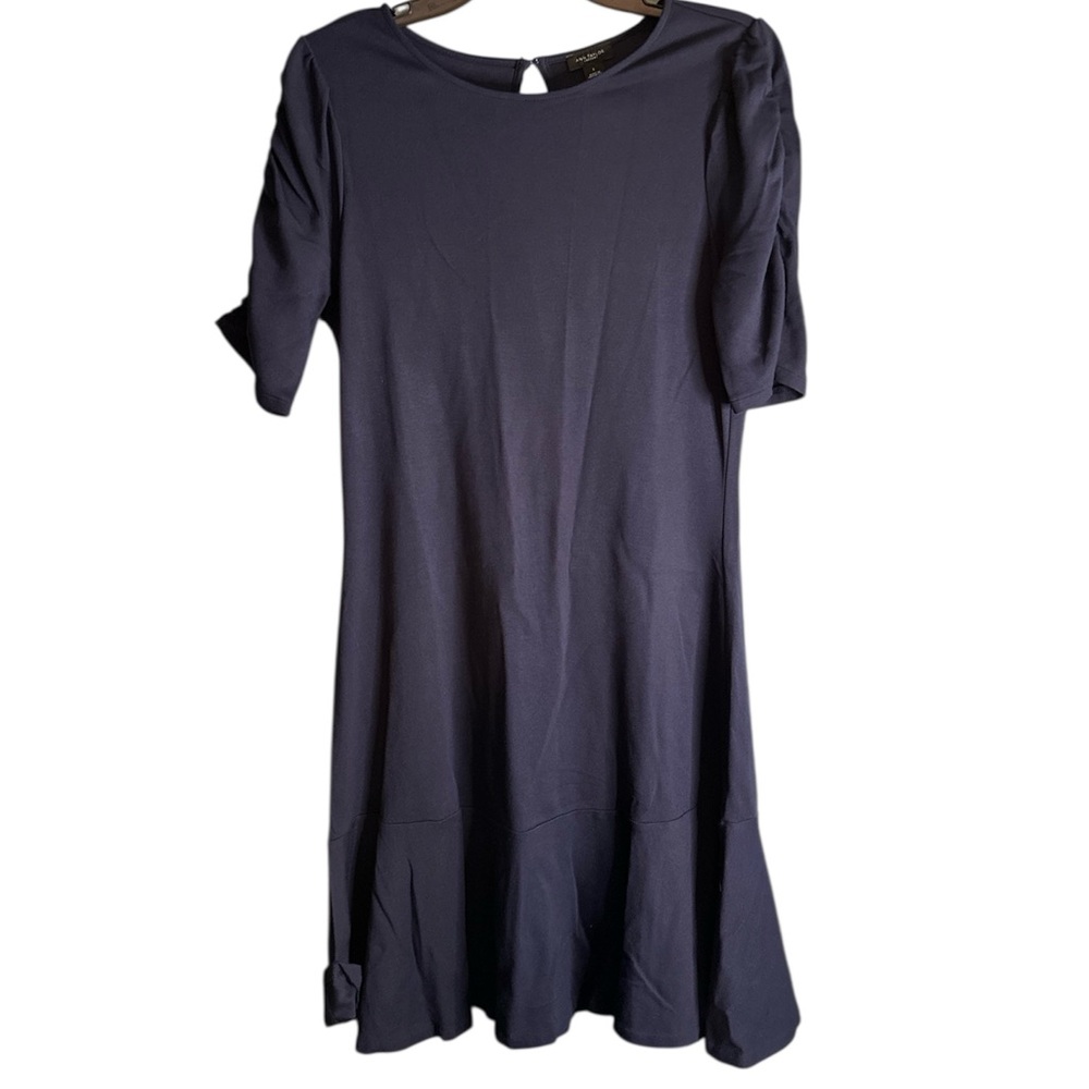 Ann Taylor Factory Peplum Hem Navy Blue Stretch Ruched 3/4 Sleeve Dress size S